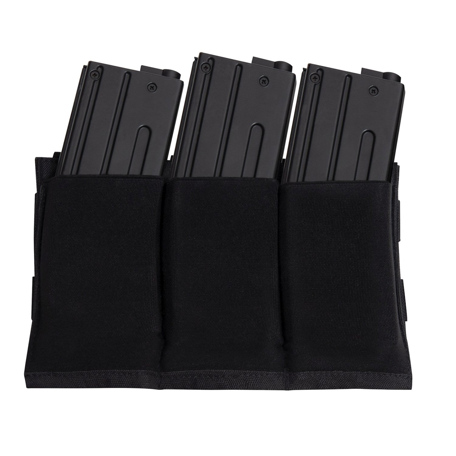 Funda elástica MOLLE abierta para 3 cargadores, color negro con 4 correas MOLLE