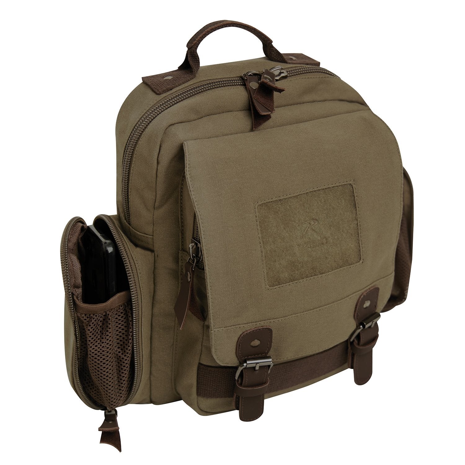 Mochila Sling Vintage verde de lona con detalles en cuero y metal, 40x34x13 cm