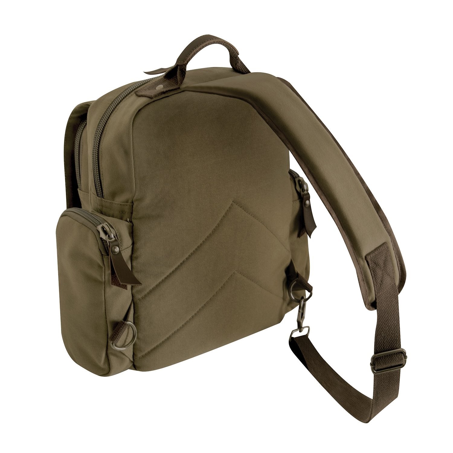 Mochila Sling Vintage verde de lona con detalles en cuero y metal, 40x34x13 cm