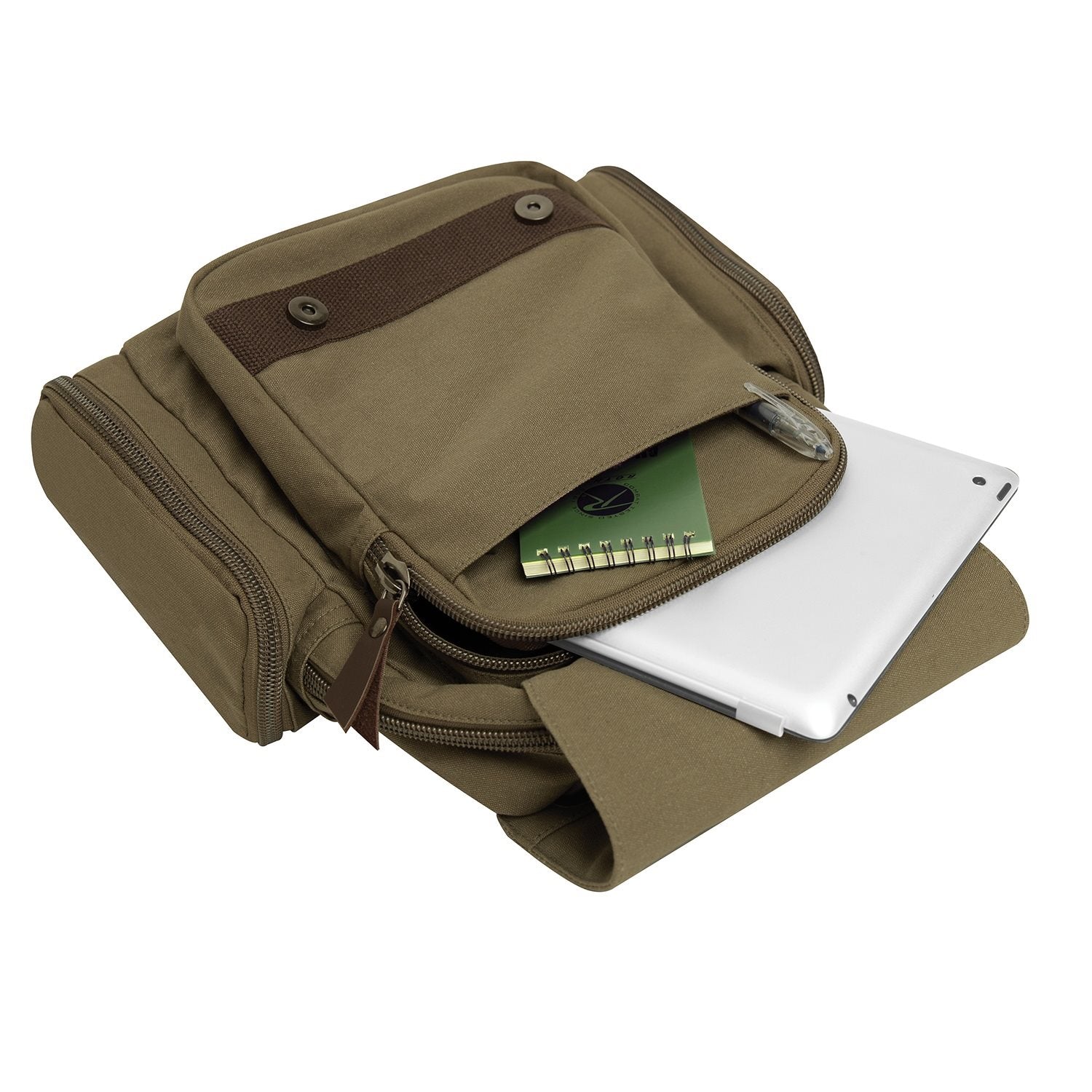 Mochila Sling Vintage verde de lona con detalles en cuero y metal, 40x34x13 cm