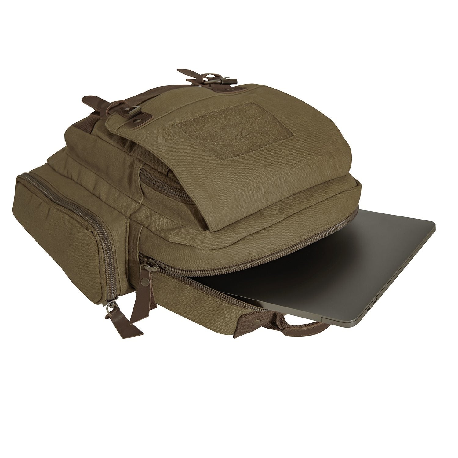 Mochila Sling Vintage verde de lona con detalles en cuero y metal, 40x34x13 cm