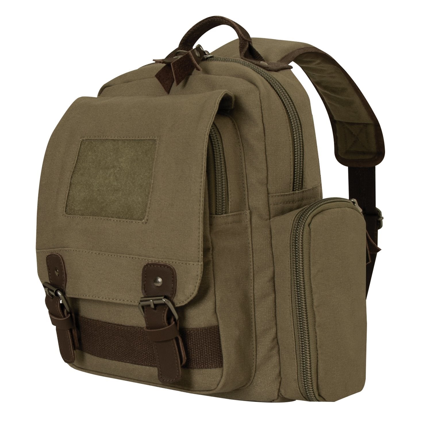 Mochila Sling Vintage verde de lona con detalles en cuero y metal, 40x34x13 cm