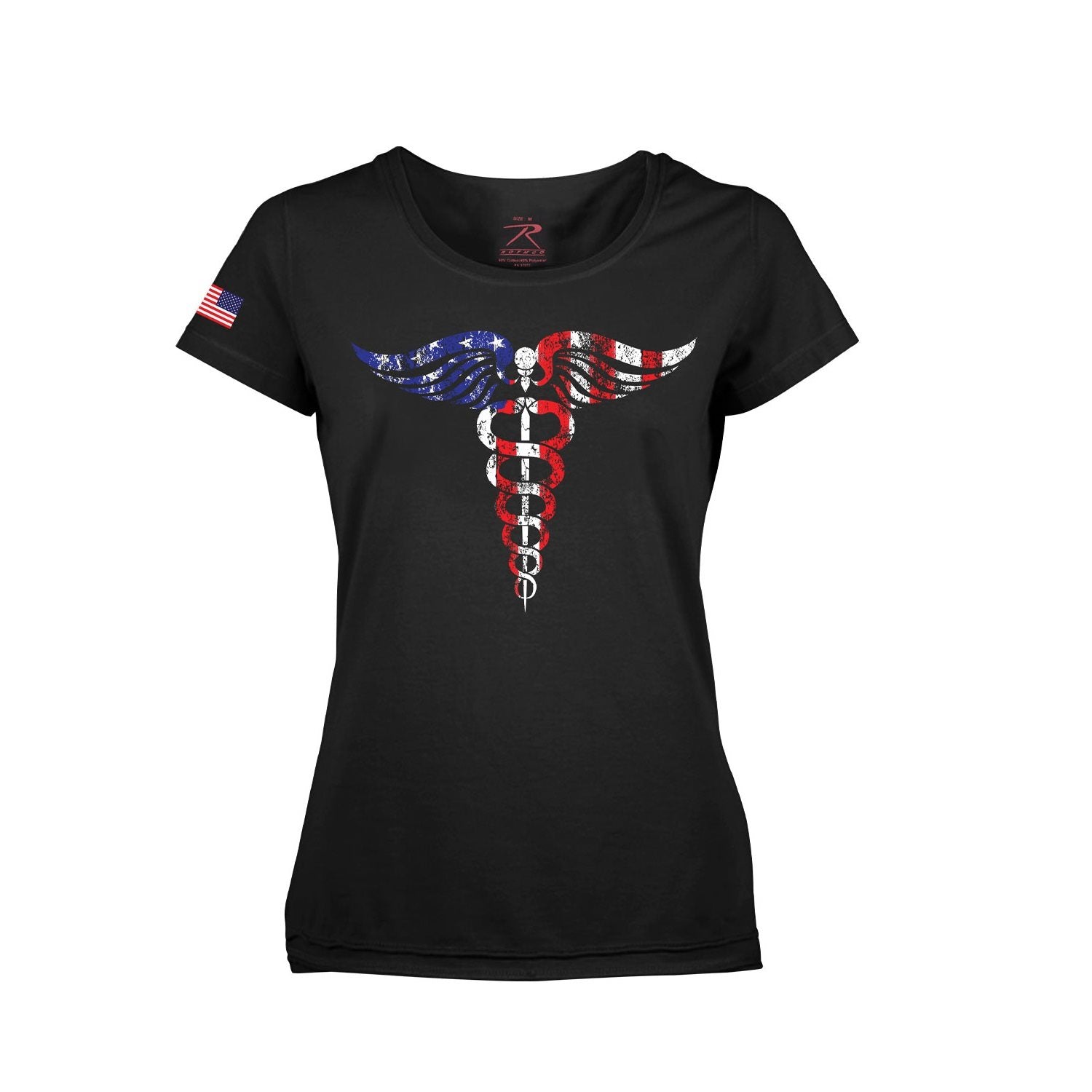 Camiseta mujer CADUCEUS MEDIC negra con emblema caduceo en colores de la bandera EE. UU.