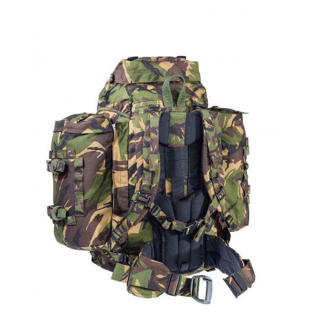 Mochila holandesa DPM 80 L usada en Cordura 1000D, vista frontal con bolsillos laterales desmontables