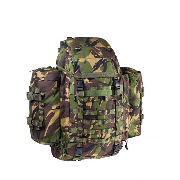 Mochila holandesa DPM 80 L usada en Cordura 1000D, vista frontal con bolsillos laterales desmontables