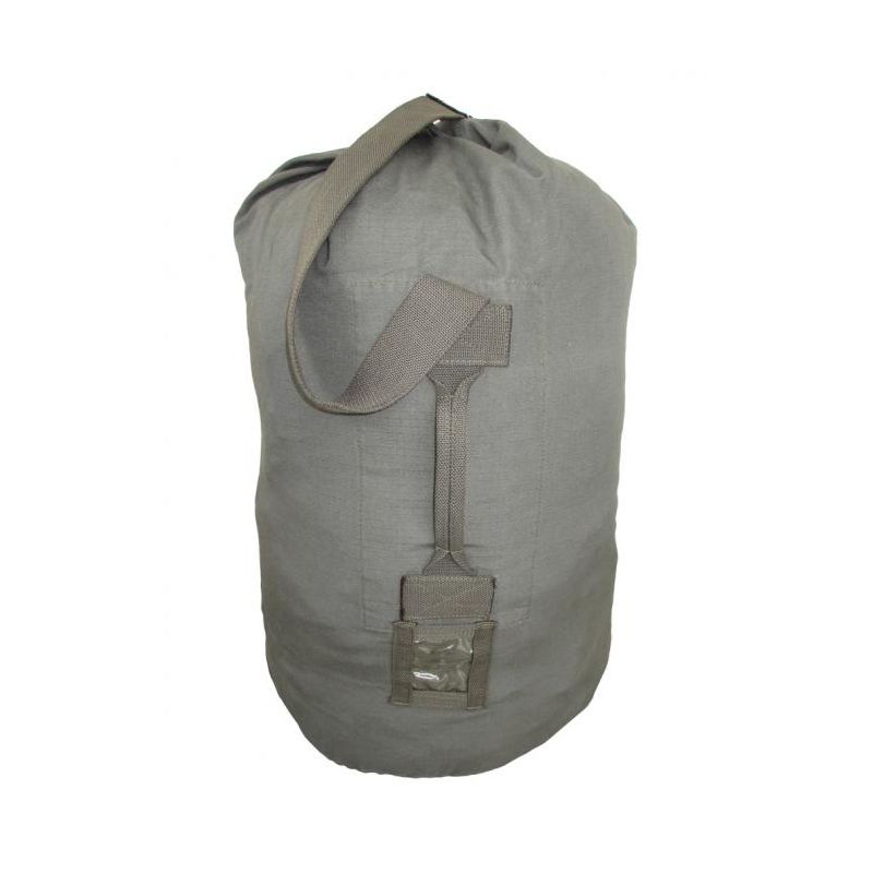 Bolsa naval danesa rip-stop gris-verde usada, 93 cm de alto, diámetro base 43 cm, asa y correa de hombro, algodon