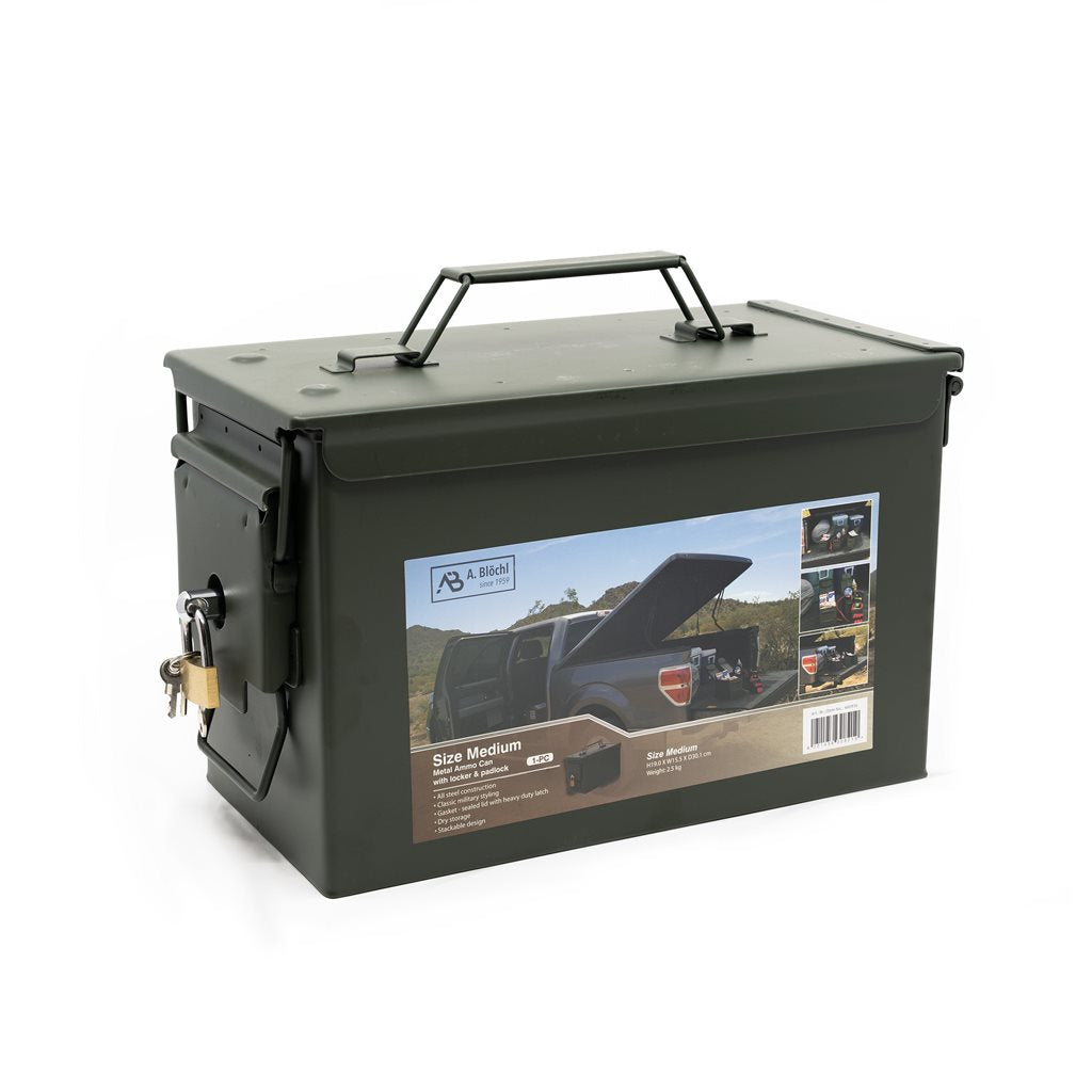 Caja de munición US CAL.50 verde de acero, cerrable mediante candado