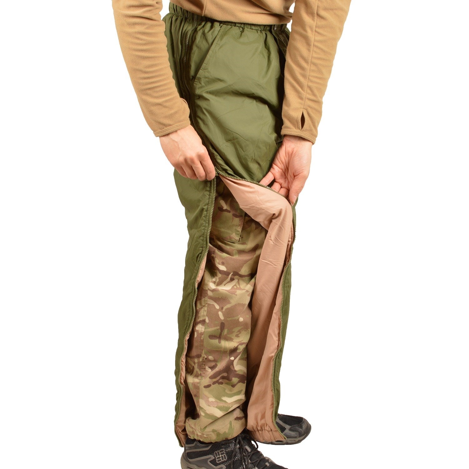 Pantalones forrados reversibles del ejército británico, verde oliva y beige, cremalleras laterales y cintura elástica