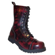 Botas altas de cuero coral rojo con puntera de acero y 10 ojales