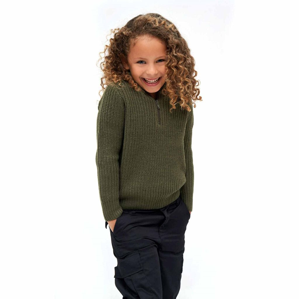 Jersey infantil verde de punto con cuello alto y cremallera