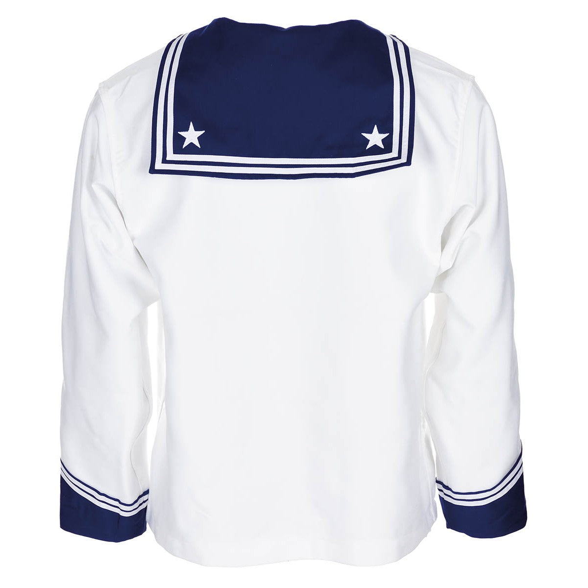 Camisa marinera italiana blanca con cuello azul y 2 estrellas en la espalda, bolsillo izquierdo y remate azul