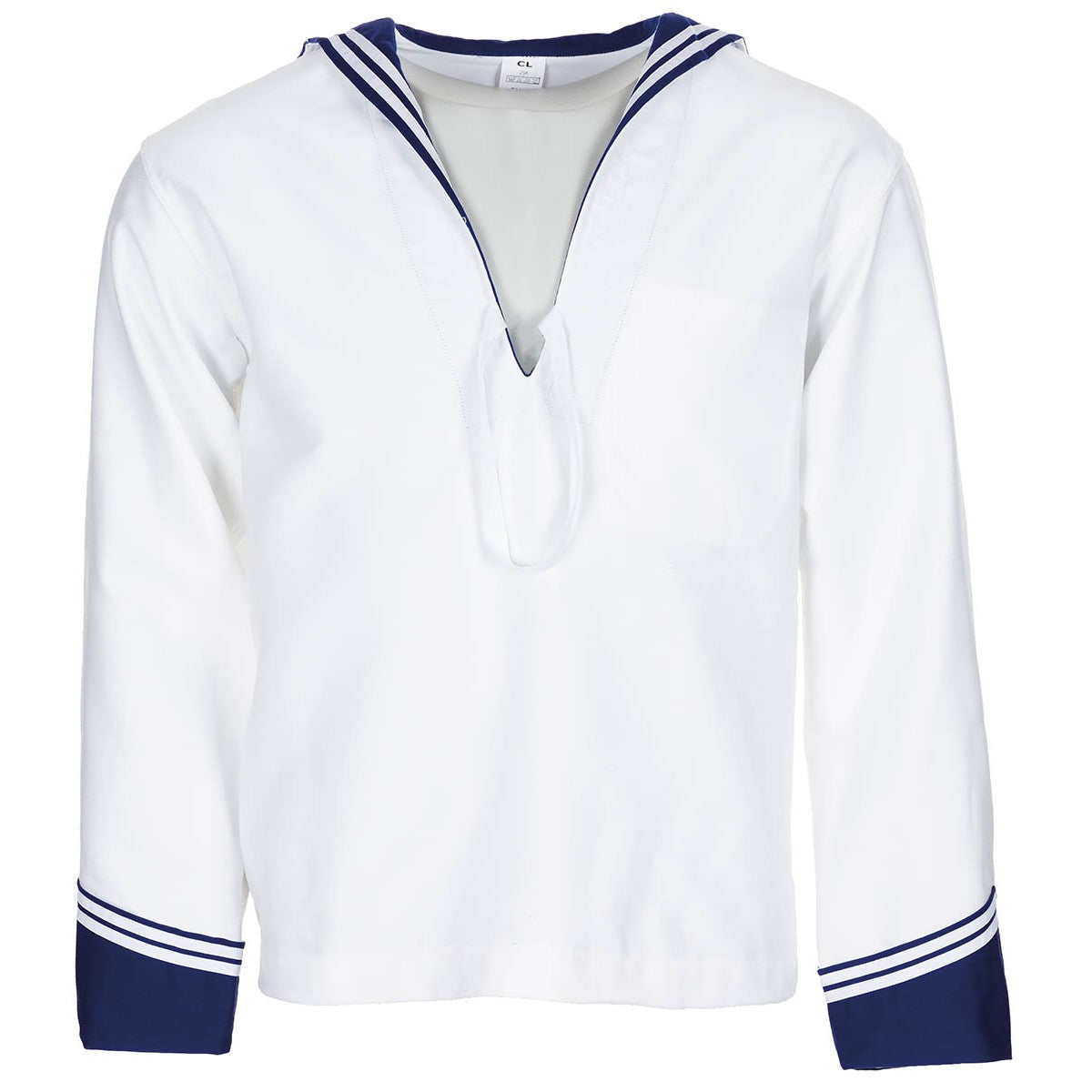 Camisa marinera italiana blanca con cuello azul y 2 estrellas en la espalda, bolsillo izquierdo y remate azul