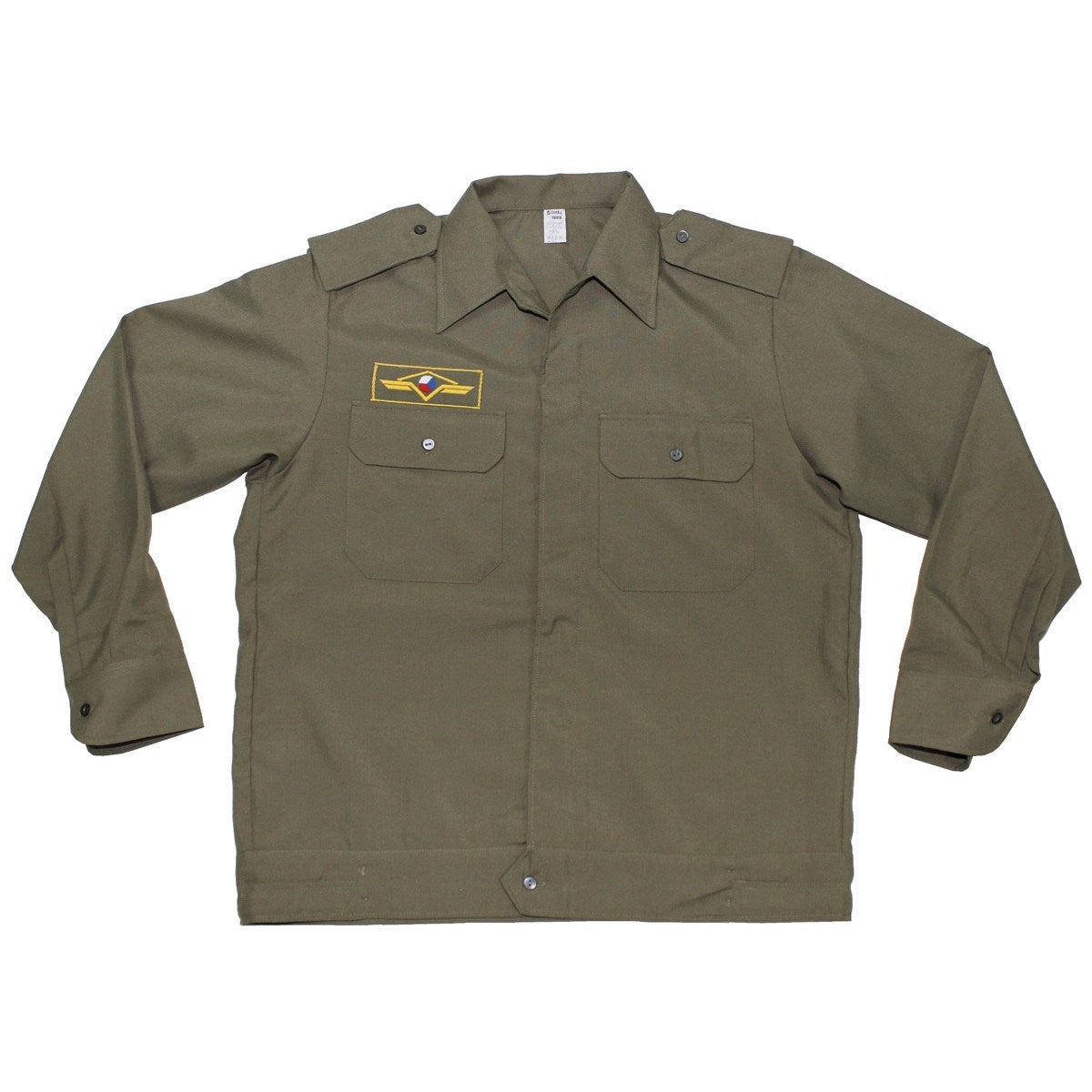 Camisa militar ČSLA verde, cierre de botones, hombreras para insignias, bolsillos en el pecho y parche ČSLA
