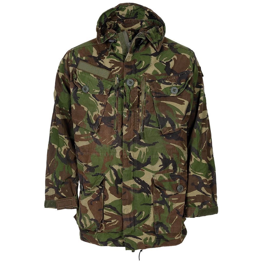 Chaqueta SAS británica WINDPROOF DPM usada, vista frontal con bolsillos y cremallera