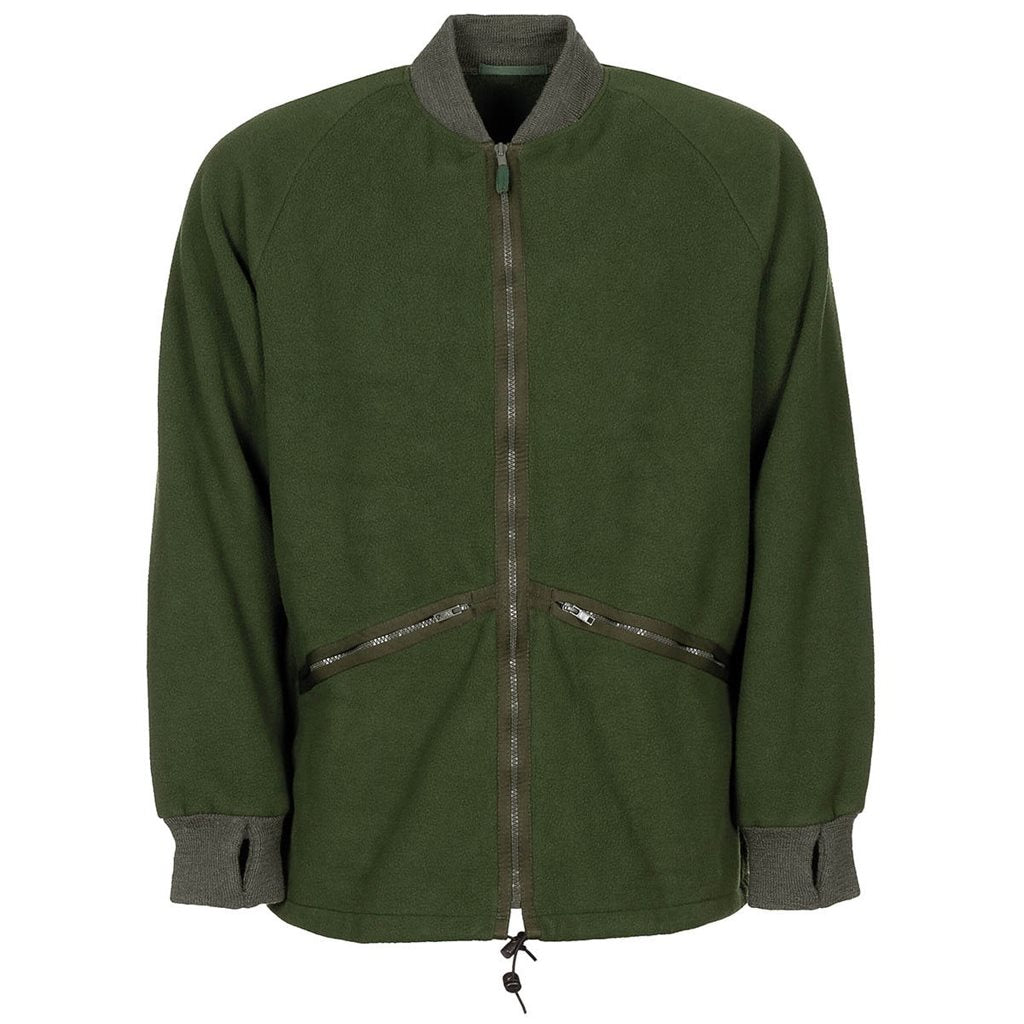 Chaqueta fleece británica verde usada con cremallera y bolsillos laterales