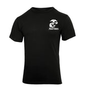 Camiseta MARINES negra con gran estampado trasero 'PAIN IS WEAKNESS LEAVING THE BODY MARINES' y logo pequeño en el pecho