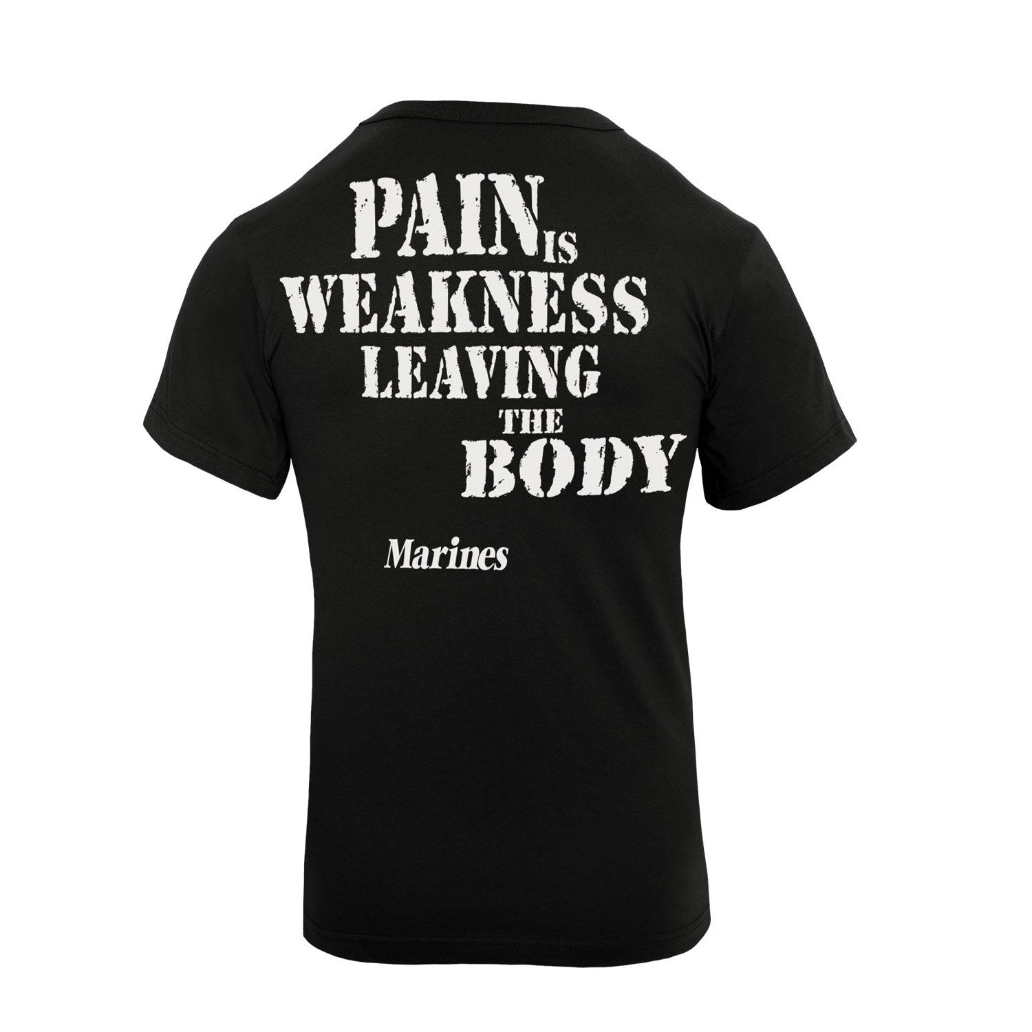 Camiseta MARINES negra con gran estampado trasero 'PAIN IS WEAKNESS LEAVING THE BODY MARINES' y logo pequeño en el pecho