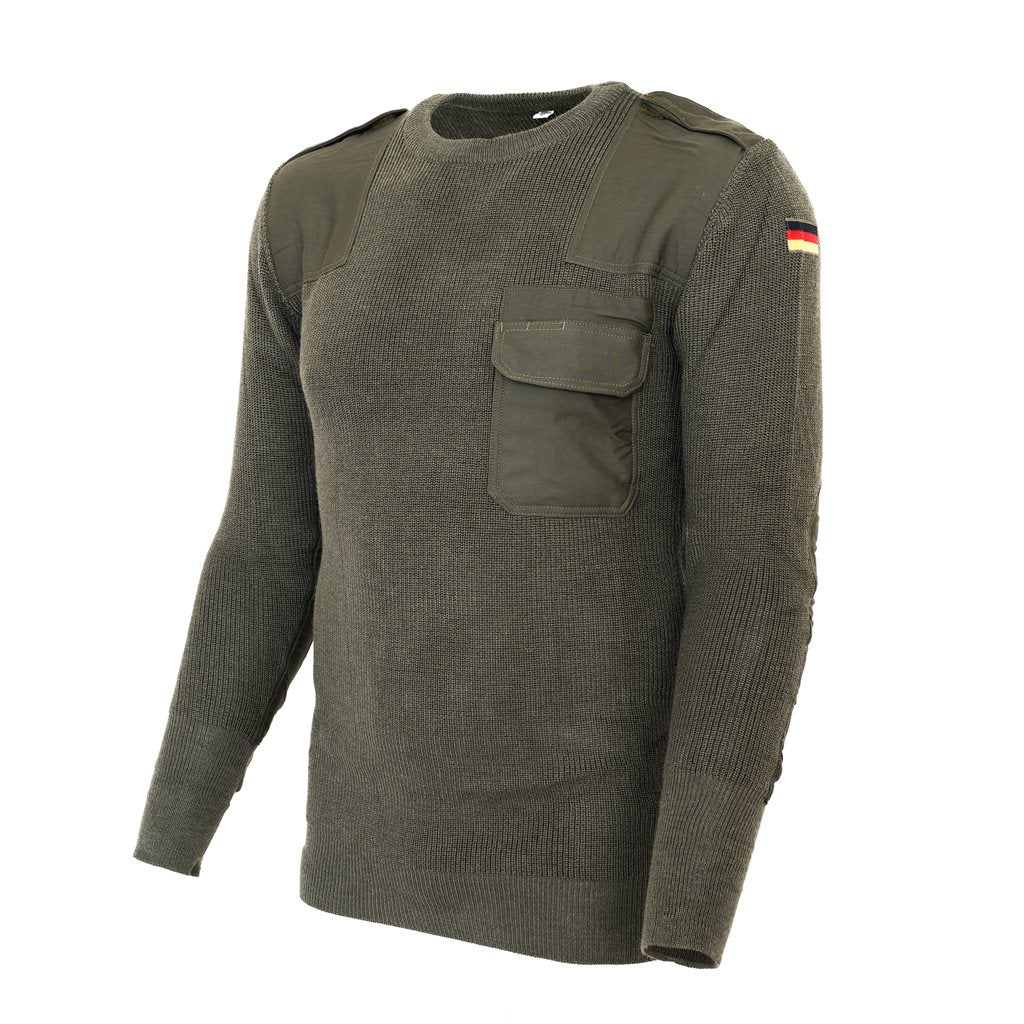 Suéter original Bundeswehr verde, 80% lana 20% acrílico, bolsillo en pecho y refuerzos en codos