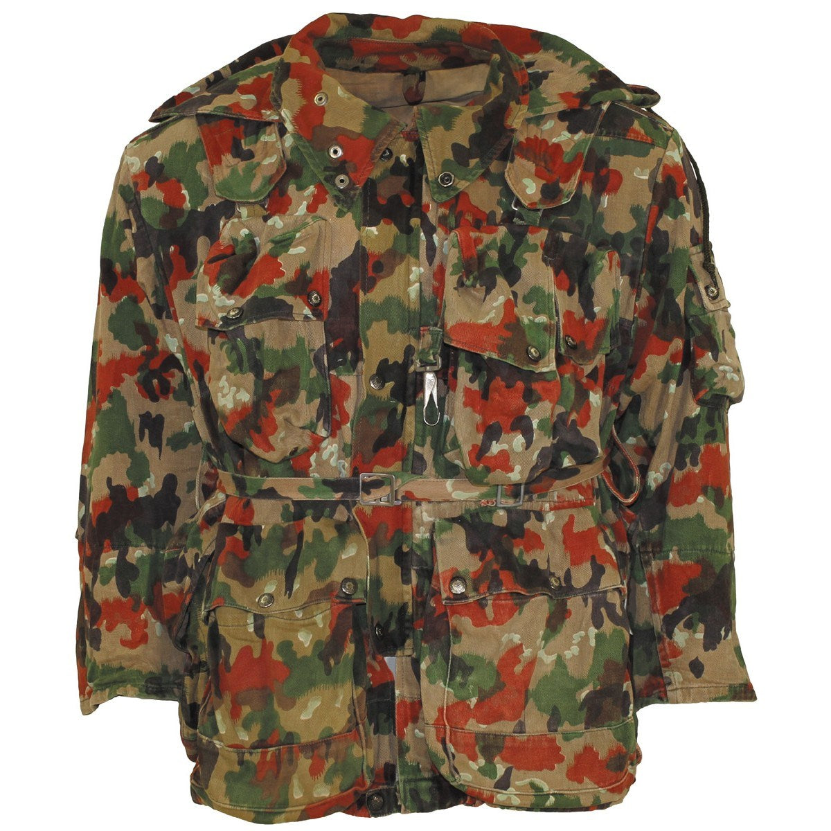 Chaqueta de campaña suiza M70 SCHWEIZ TARN usada con 4 bolsillos, vista frontal