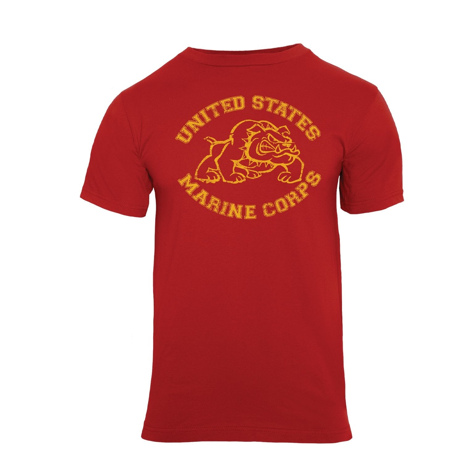 Camiseta roja VAGE con estampado amarillo UNITED STATES MARINE CORPS y BULLDOG vista frontal