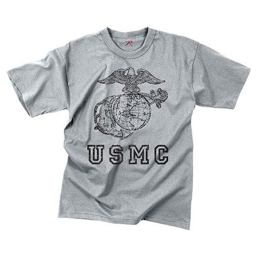 Camiseta gris con estampado negro USMC Globe and Anchor en el pecho