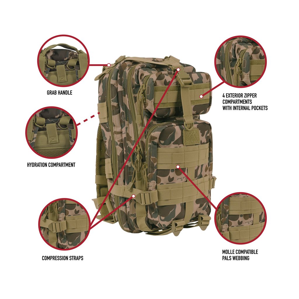 Mochila ASSAULT I Medium Transport, vista de producto con sistema MOLLE y múltiples bolsillos