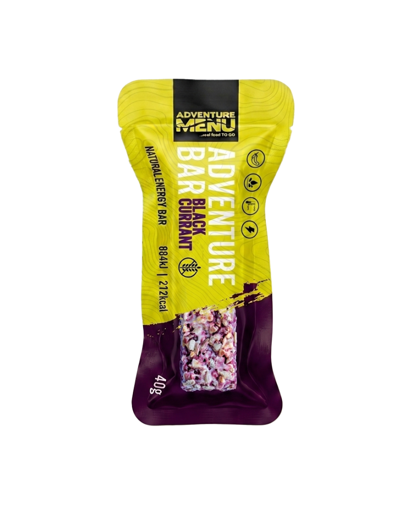 Barrita energética Adventure Bar grosella negra Adventure Menu 40g 212 kcal sin gluten - Supervivencia Extrema