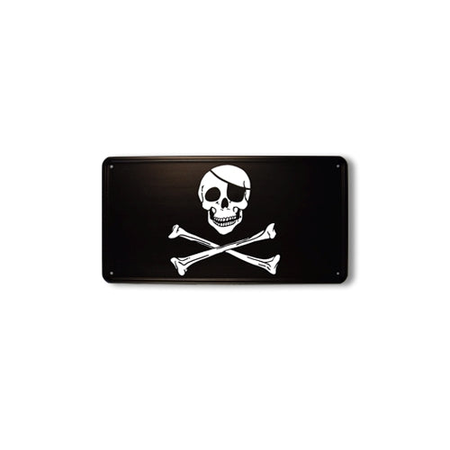 Placa metálica de aluminio con calavera pirata y huesos cruzados, aprox. 30 x 15 cm