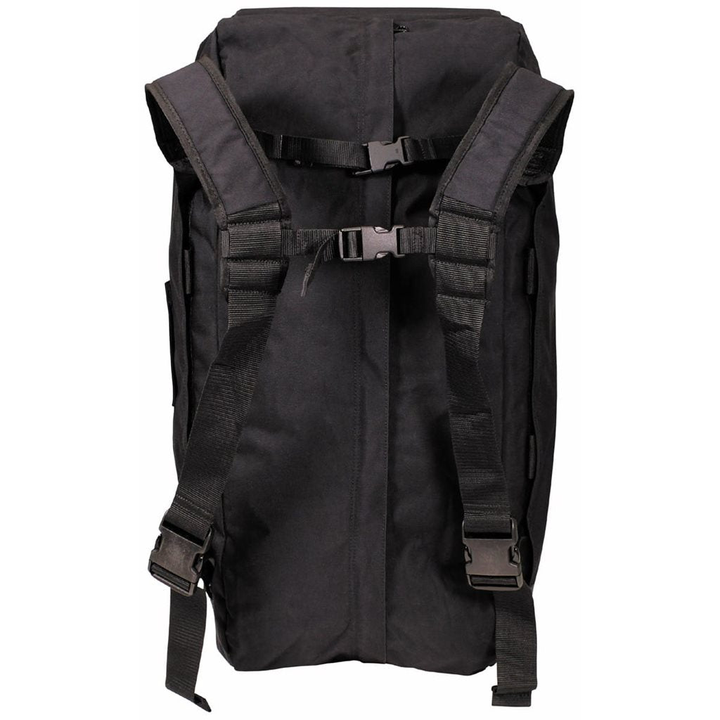 Bolsa táctica holandesa negra usada con correas acolchadas y asas para mochila o mano