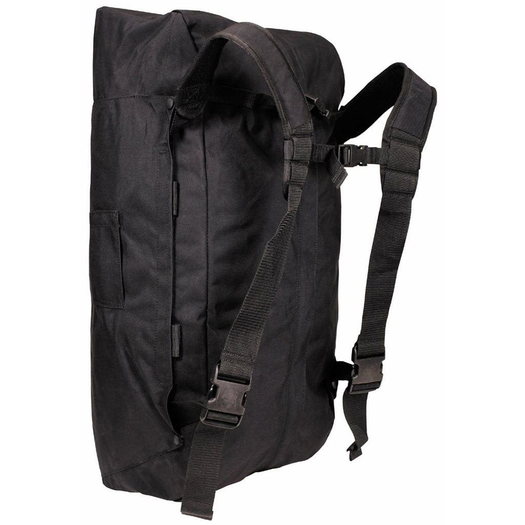 Bolsa táctica holandesa negra usada con correas acolchadas y asas para mochila o mano