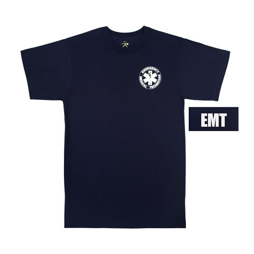 Camiseta EMT azul con texto en la espalda y logo en el pecho izquierdo