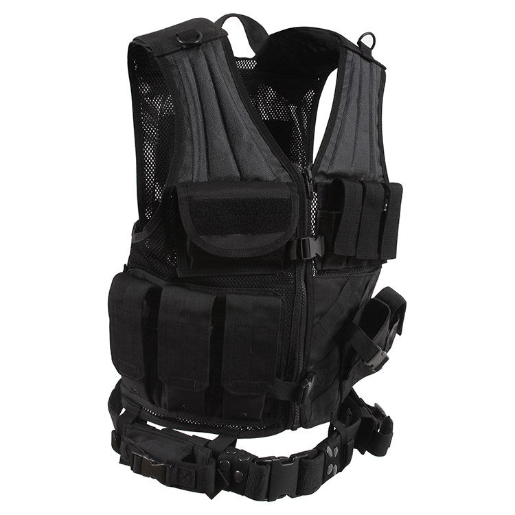 Chaleco táctico CROSS DRAW MOLLE mostrado frontalmente con sistema MOLLE y bolsillos