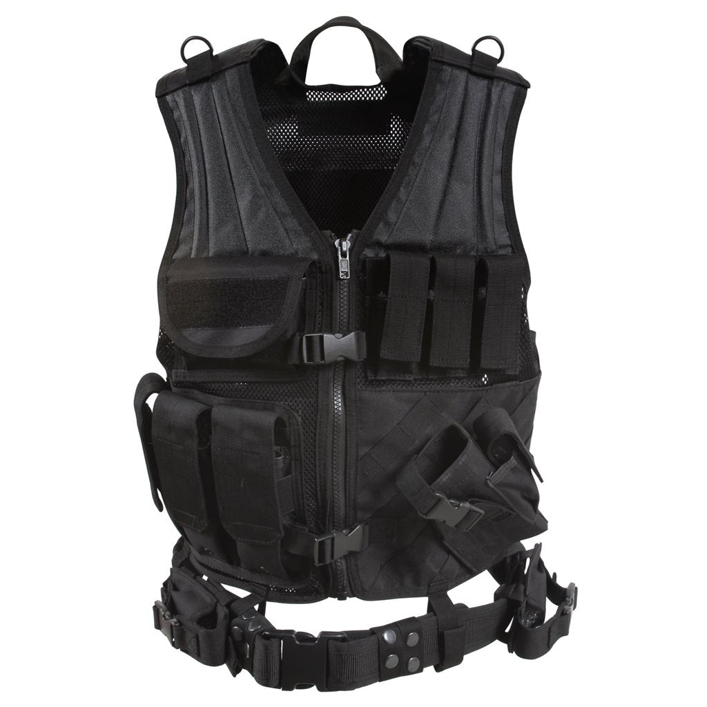 Chaleco táctico CROSS DRAW MOLLE mostrado frontalmente con sistema MOLLE y bolsillos