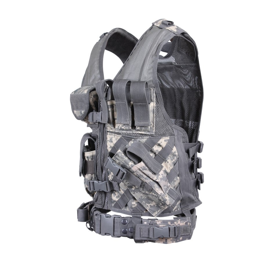 Chaleco táctico CROSS DRAW MOLLE mostrado frontalmente con sistema MOLLE y bolsillos