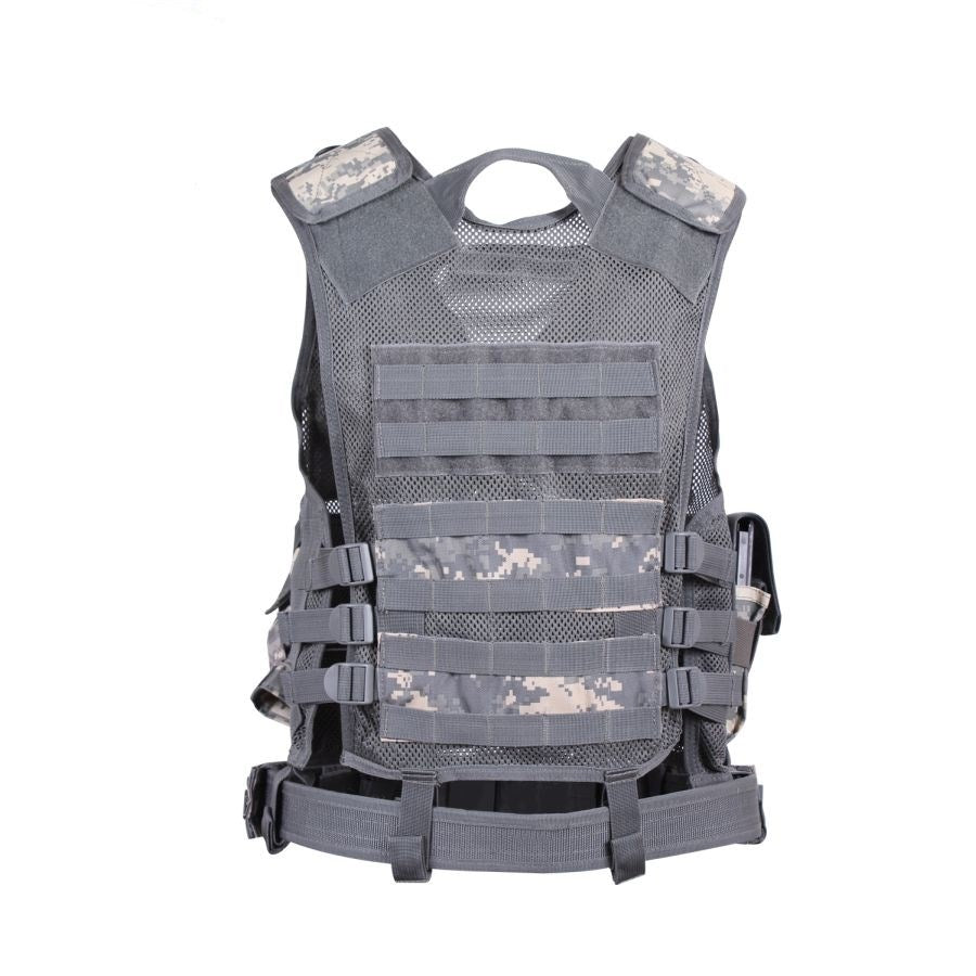 Chaleco táctico CROSS DRAW MOLLE mostrado frontalmente con sistema MOLLE y bolsillos