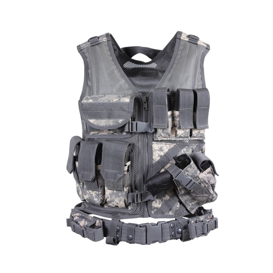 Chaleco táctico CROSS DRAW MOLLE mostrado frontalmente con sistema MOLLE y bolsillos