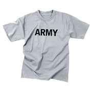 Camiseta infantil gris con texto 'ARMY' - 60% algodon, 40% poliester