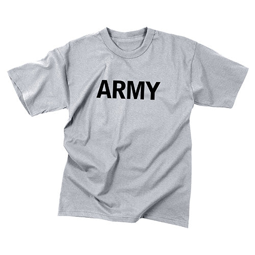 Camiseta infantil gris con texto 'ARMY' - 60% algodon, 40% poliester