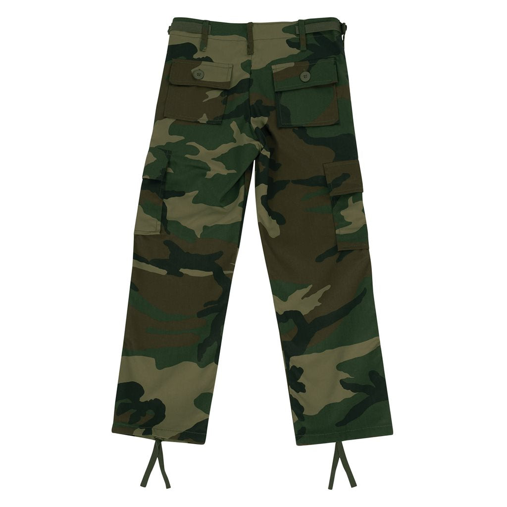Pantalones infantiles BDU Woodland tipo US Army, 6 bolsillos, ajuste de cintura y cordones en bajos