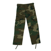 Pantalones infantiles BDU Woodland tipo US Army, 6 bolsillos, ajuste de cintura y cordones en bajos