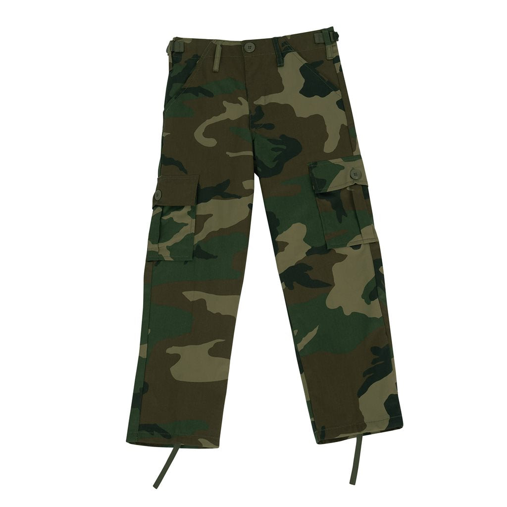 Pantalones infantiles BDU Woodland tipo US Army, 6 bolsillos, ajuste de cintura y cordones en bajos