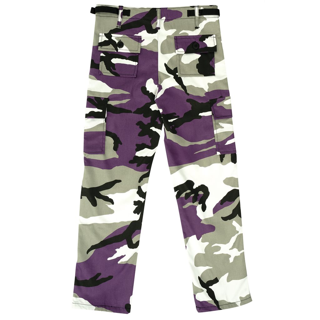 Pantalones infantiles BDU VIOET CAMO, 6 bolsillos, cierre cremallera