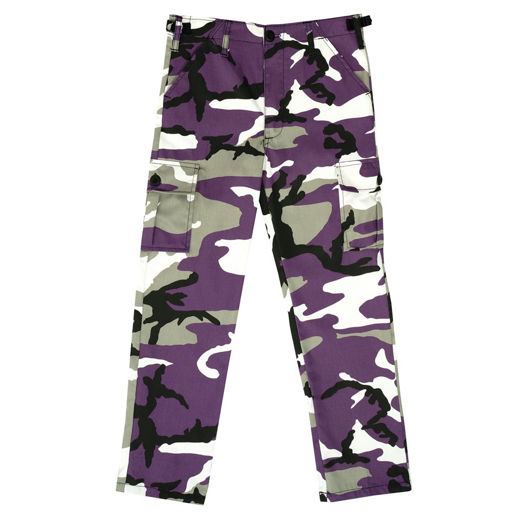 Pantalones infantiles BDU VIOET CAMO, 6 bolsillos, cierre cremallera