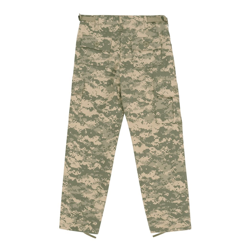 Pantalones infantiles BDU ACU digital con 6 bolsillos, ajuste de cintura y cordones en los bajos