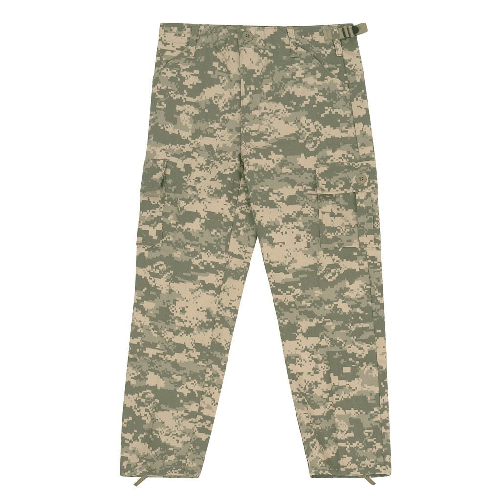 Pantalones infantiles BDU ACU digital con 6 bolsillos, ajuste de cintura y cordones en los bajos