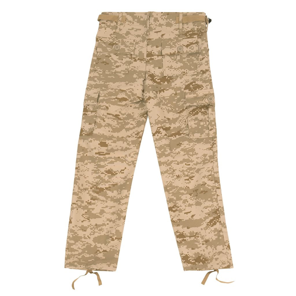 Pantalones infantiles BDU Digital Desert camuflaje, 6 bolsillos, ajuste de cintura y cordones en bajos