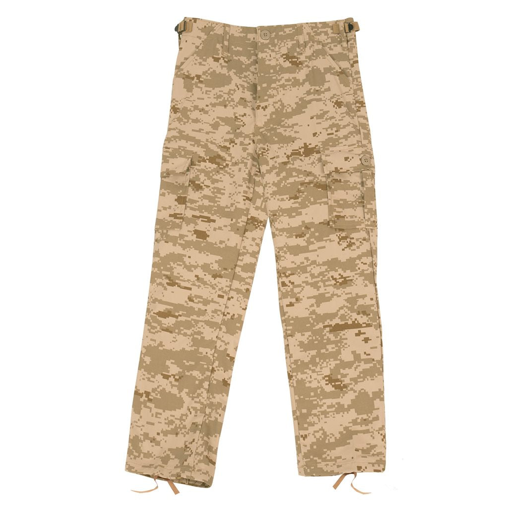 Pantalones infantiles BDU Digital Desert camuflaje, 6 bolsillos, ajuste de cintura y cordones en bajos