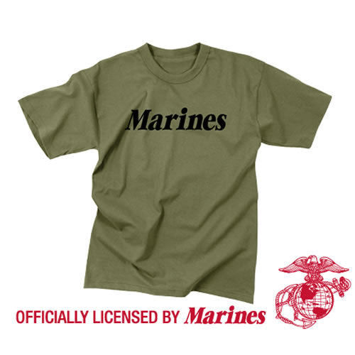 Camiseta infantil verde oliva con estampado Marines y licencia USMC, 60% algodón 40% poliéster.