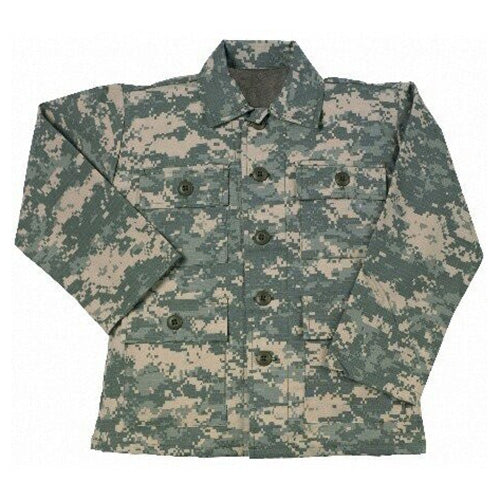 Blusa infantil tipo BDU ACU digital 55% algodon 45% poliester, 4 bolsillos, cierre de botones