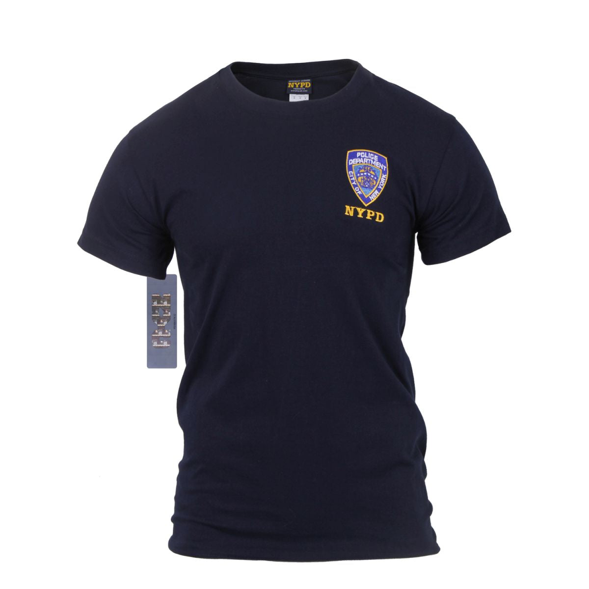Camiseta azul con bordado NYPD en el pecho izquierdo, manga corta, 100% algodón
